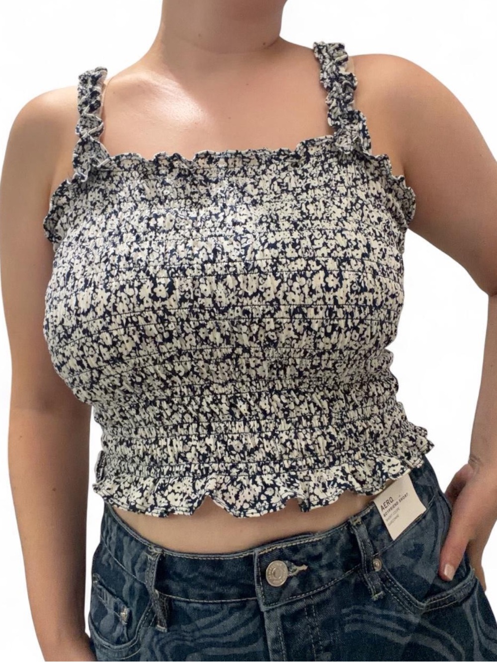 Old Navy dark blue and white Smocked Floral crop top